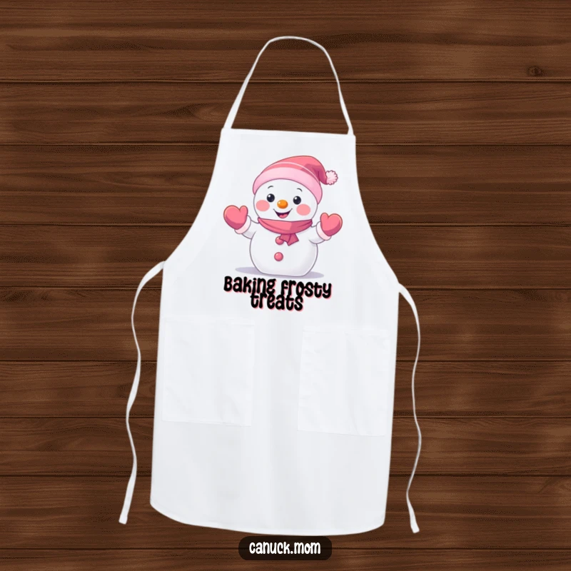 Funny Snowman Apron showing a happy, small snowman character wearing mittens and waving hello, ideal for kitchen fun and a funny gift.