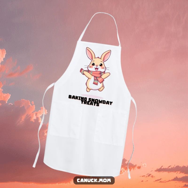 Funny snowshoe hare apron featuring a happy bunny wearing a scarf and hopping excitedly, ideal for adding whimsy and protection during cooking.