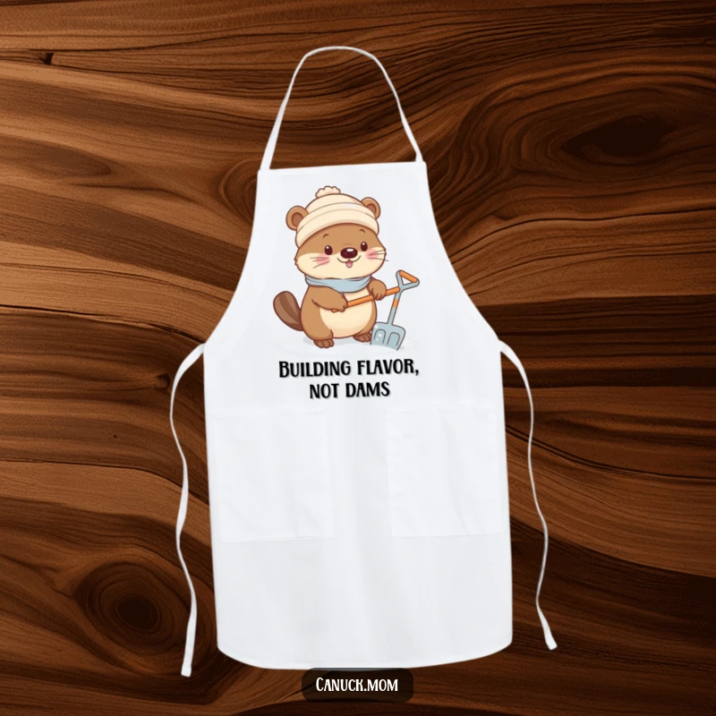 Funny Kawaii Beaver Apron: A cute beaver in a toque shoveling snow with a tiny shovel, ready for kitchen duty.