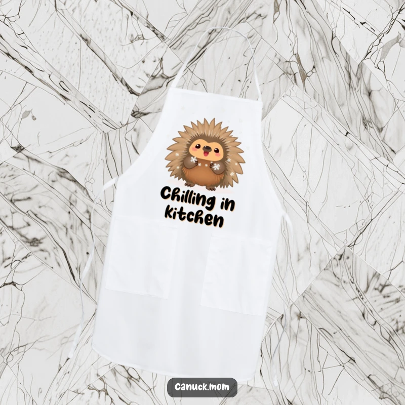 Funny proud porcupine with tiny snowflakes on a practical cooking apron for winter.