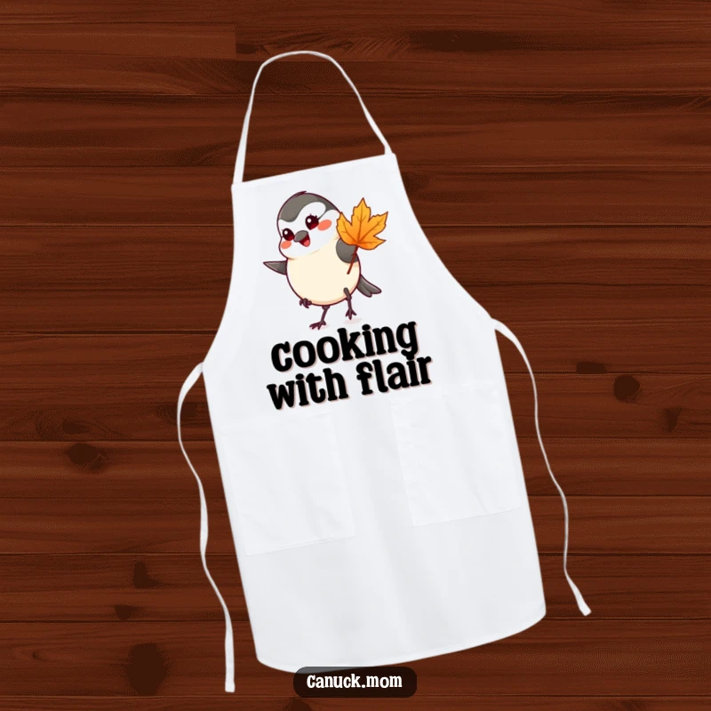 Funny chickadee tapping foot with a maple leaf on a cooking apron, making kitchen chores fun.