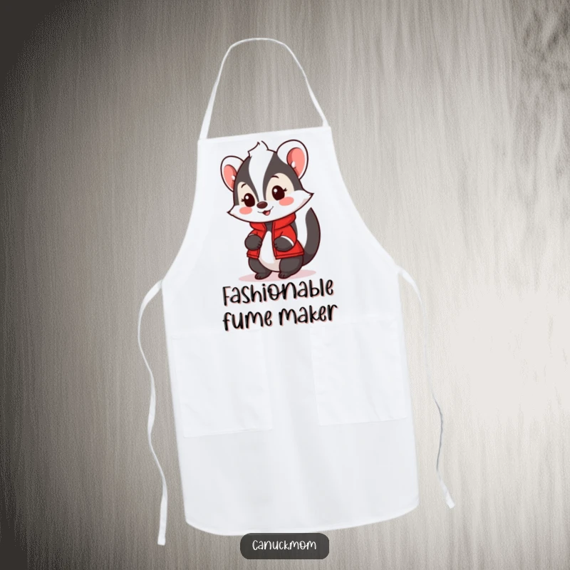 Funny Skunk Apron with a tiny red jacket, looking friendly and ready to cook, ideal for humorous kitchen use.