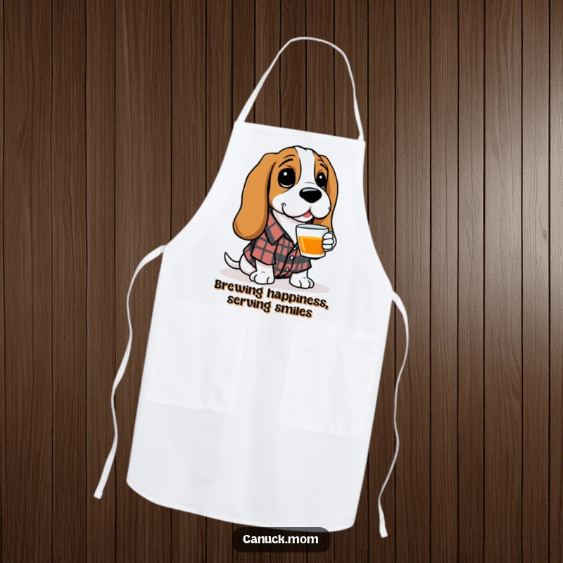 Funny Basset Hound Apron: A cheerful Basset Hound in a plaid shirt holds a cup of tea, ready to assist in the kitchen.
