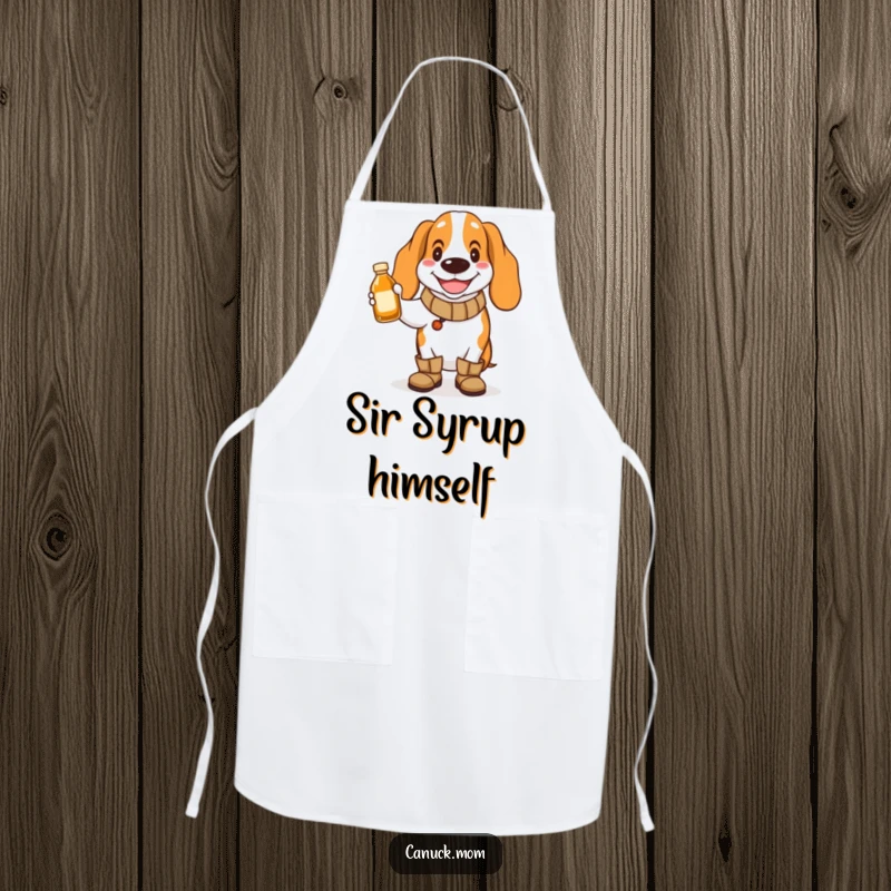 Funny Basset Hound Apron: A happy dog in boots holds maple syrup, adding humor to cooking.