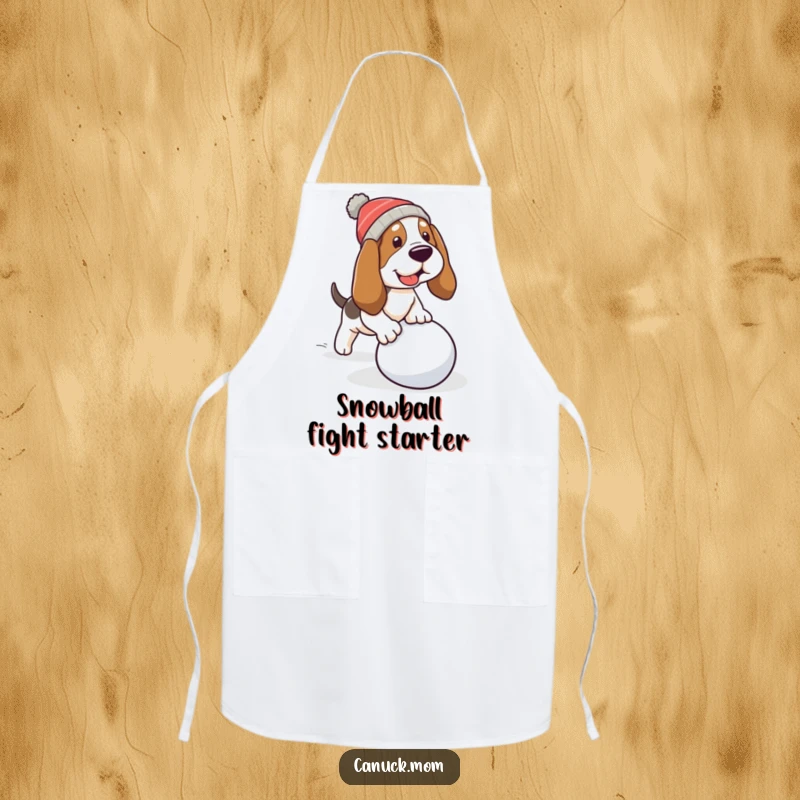 Funny Basset Hound Apron: A dog tripping over a snowball, bringing humor to kitchen duties.