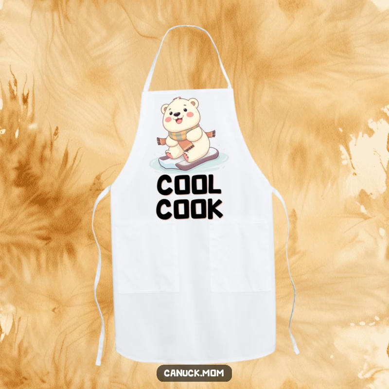 Funny kawaii polar bear character in a scarf, sliding on ice, featured on a cooking apron.