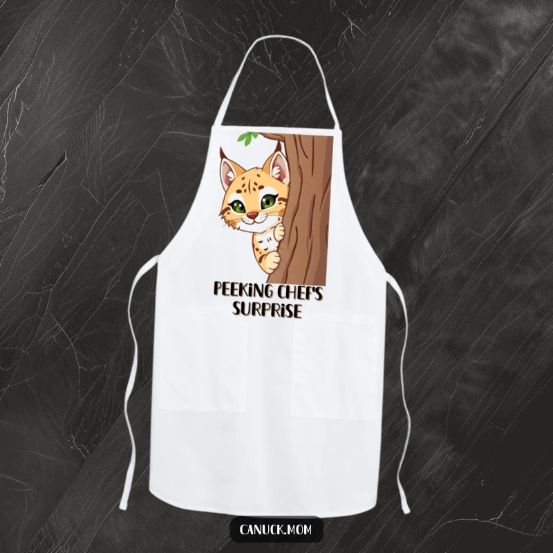 Funny Lynx Apron with a smiling lynx peeking from behind a tree, ideal for humorous kitchen activities.