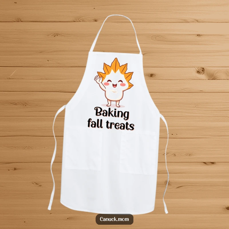 Funny Maple Leaf Wave Apron: A cheerful maple leaf character wearing an apron and happily waving, ready for kitchen duty.