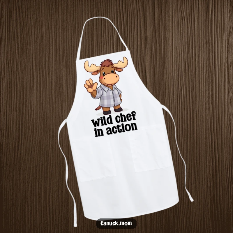 Funny moose wearing a checkered shirt, waving a paw on a kitchen apron, bringing playful woodland vibes to cooking.