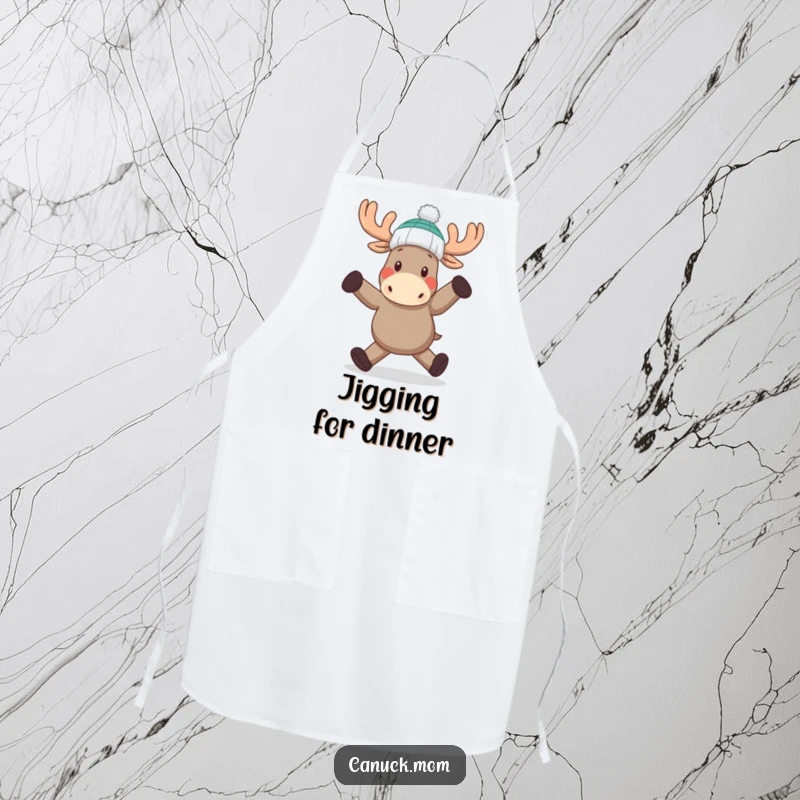 Funny Moose Dance Apron: A chef-inspired moose wearing a toque, dancing while cooking, for a humorous kitchen experience.