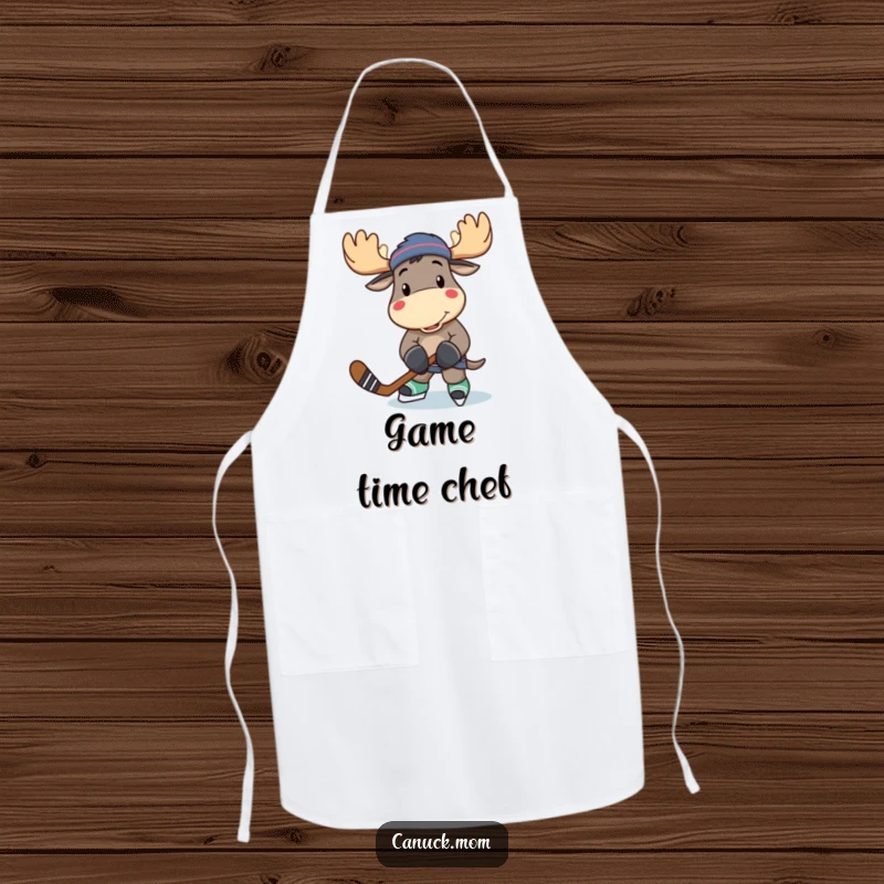 Funny moose character wearing an apron, holding a hockey stick, ready to cook and play, kitchen humor.