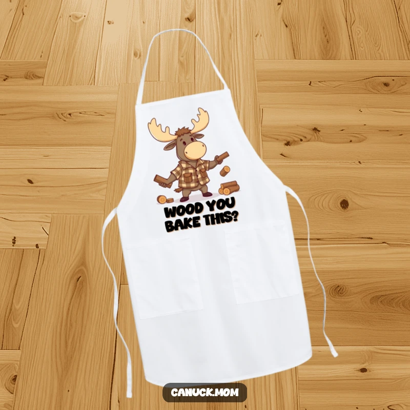 Funny Moose Lumberjack Apron, showcasing a cartoon moose dressed as a lumberjack, juggling small logs, ideal for kitchen fun.