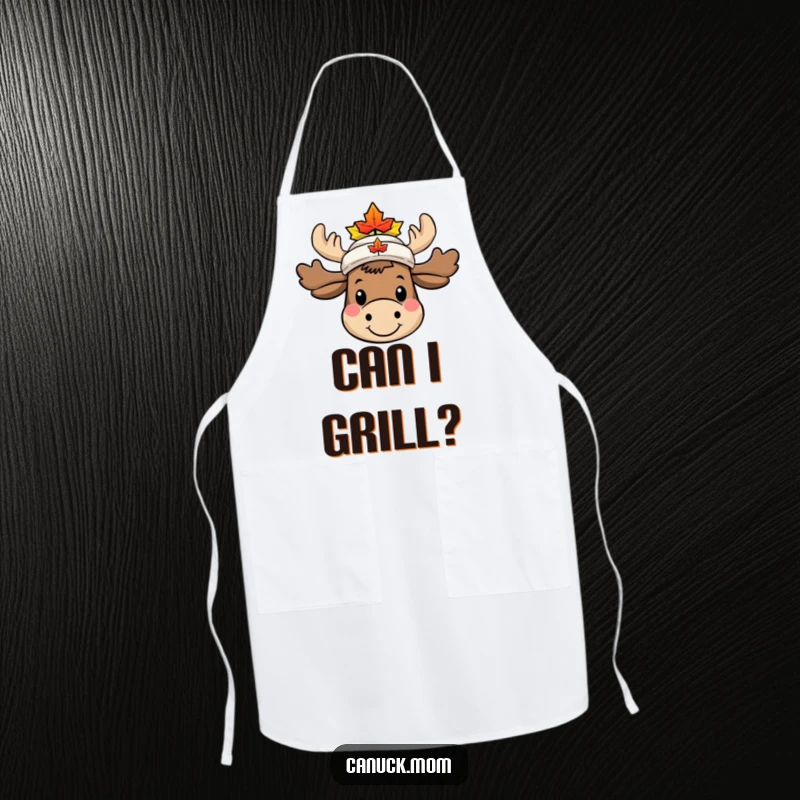 Funny Moose Apron, smiling character with a tiny maple leaf hat, perfect for humorous cooking sessions.