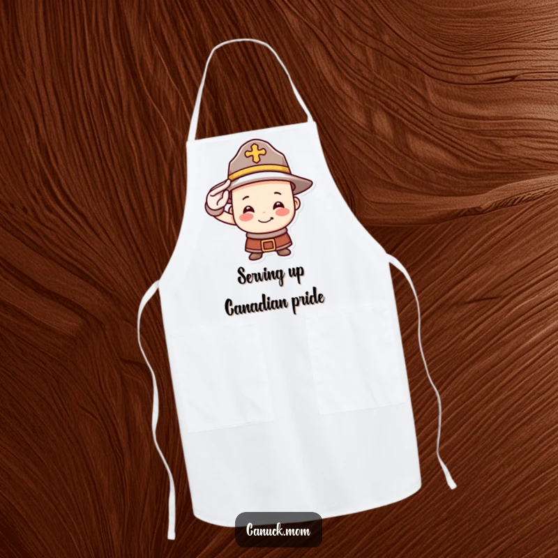Funny Mountie hat apron with a smiling face bravely saluting, making kitchen tasks more enjoyable with its humorous Canadian-themed design.