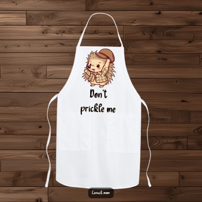 Funny porcupine in a plaid shirt playfully throwing a hat, functional and humorous apron.