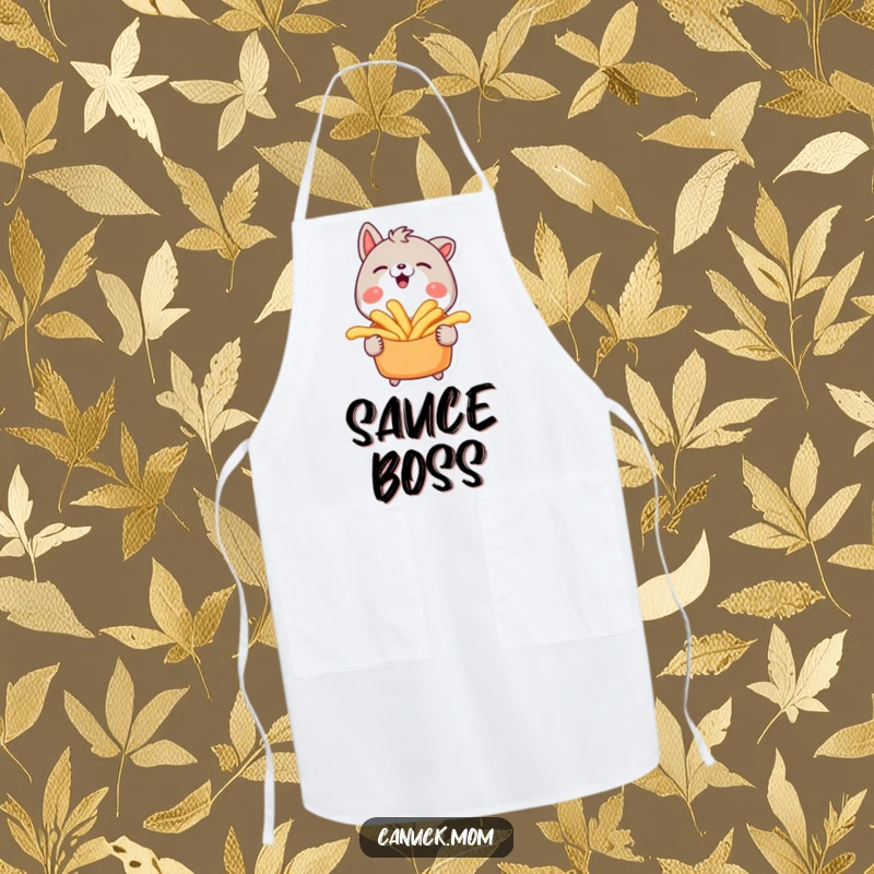 Funny apron featuring an animal character smiling widely while holding a poutine, perfect for a fun kitchen.