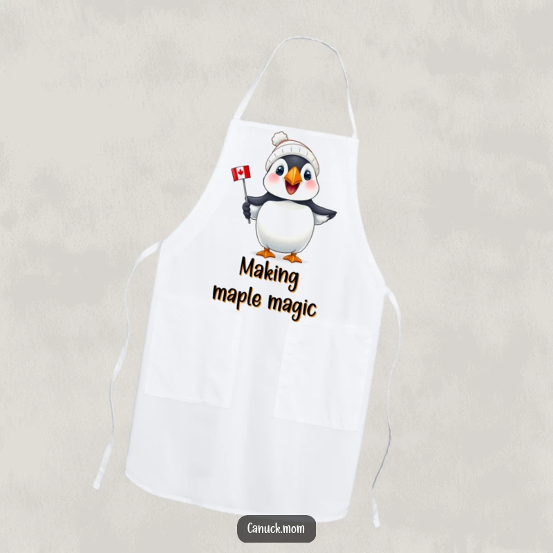 Funny Puffin Canada Apron: A joyful puffin wearing a tiny toque holds a mini Canadian flag, perfect for kitchen adventures.