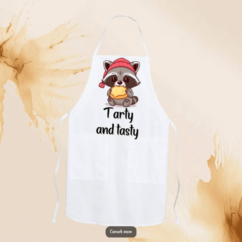 Funny raccoon wearing a beanie eating a butter tart, functional and humorous apron.