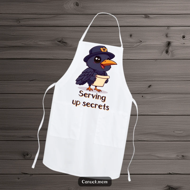 Funny Raven Mountie Apron: A chatty raven in a Mountie hat holds a scroll, bringing humor to cooking attire.