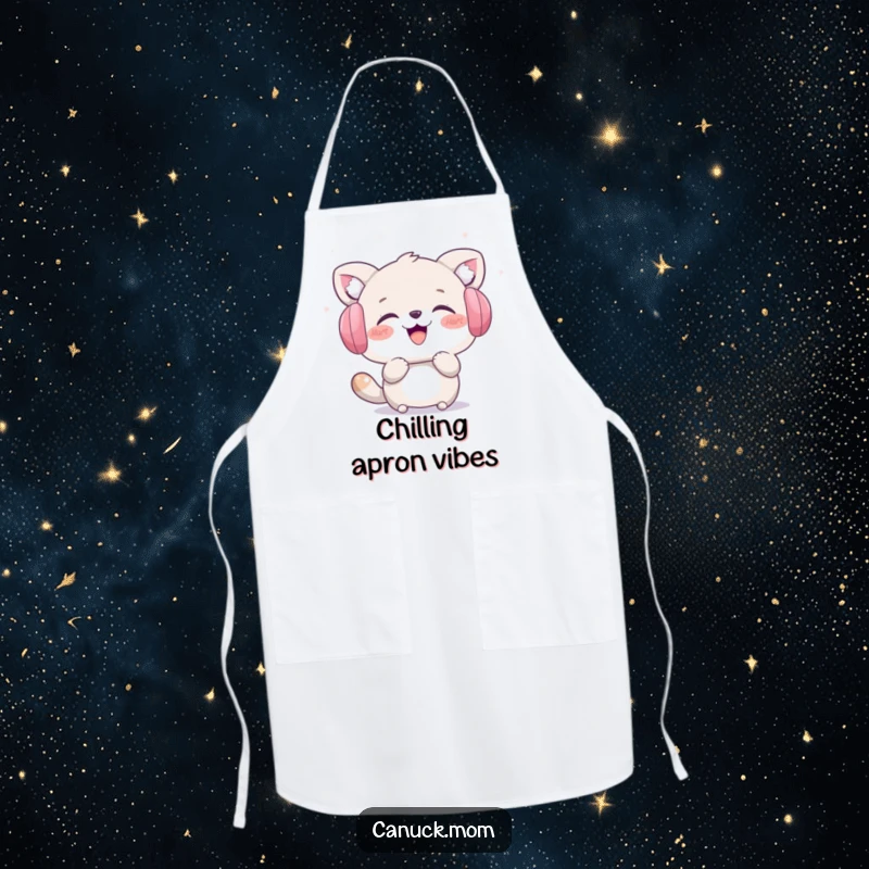 Funny apron depicting an animal character in earmuffs laughing while catching snowflakes. A humorous gift for cooks.
