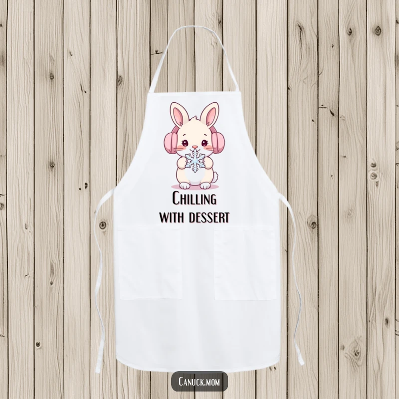 Funny snow bunny rabbit in ear muffs holding a snowflake, cute and practical kitchen apron.