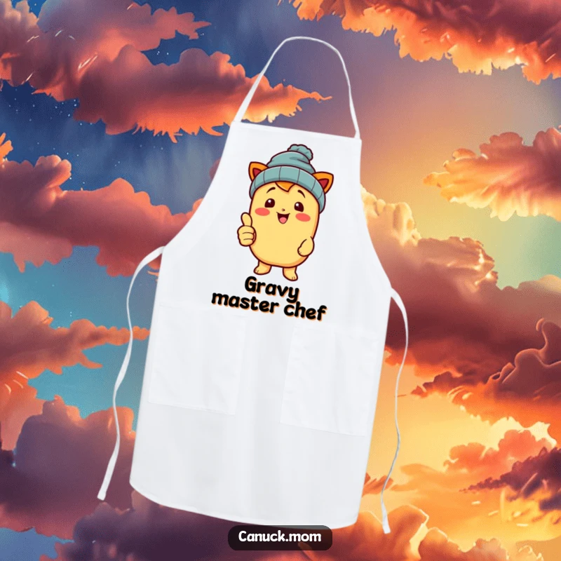 Funny poutine character wearing a beanie and giving a thumbs up, designed on a cooking apron.