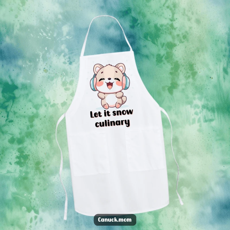 Funny apron with an animal in earmuffs, laughing as they catch snowflakes, perfect for a humorous cook.