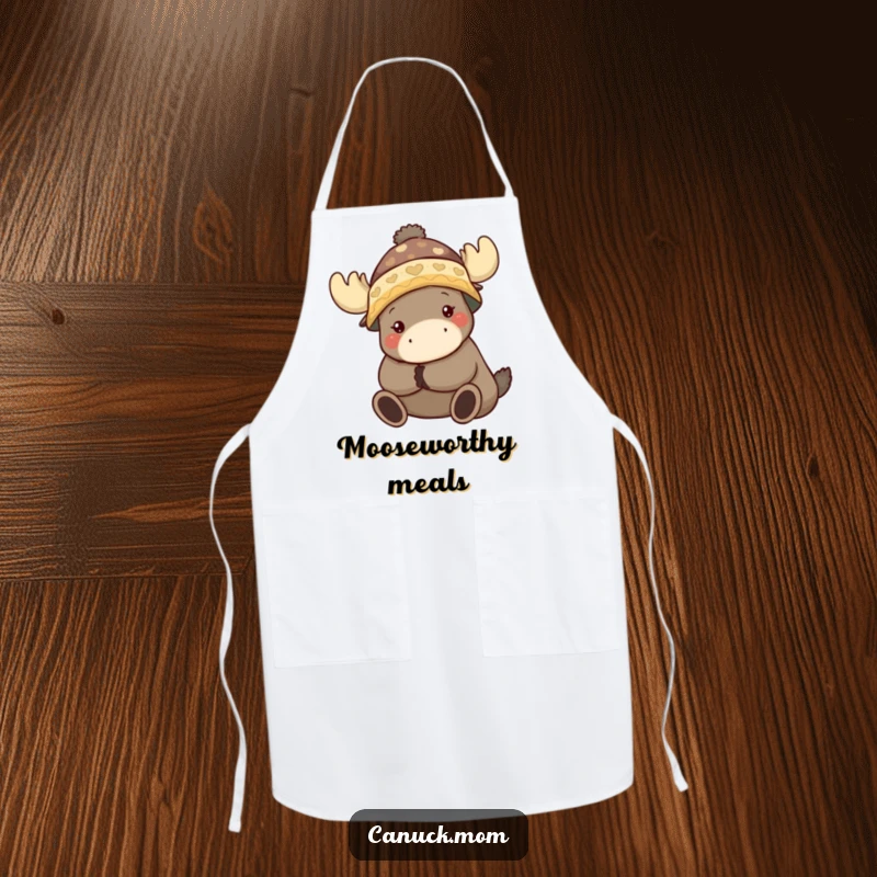 Funny apron featuring an animal character in a toque hugging a moose, perfect for a cozy kitchen.