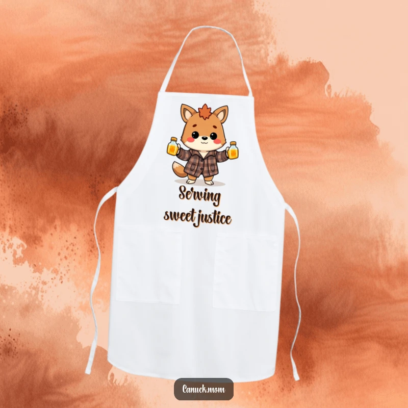 Funny Canadian animal in flannel shirt juggling maple syrup bottles while cooking, a humorous and practical apron.