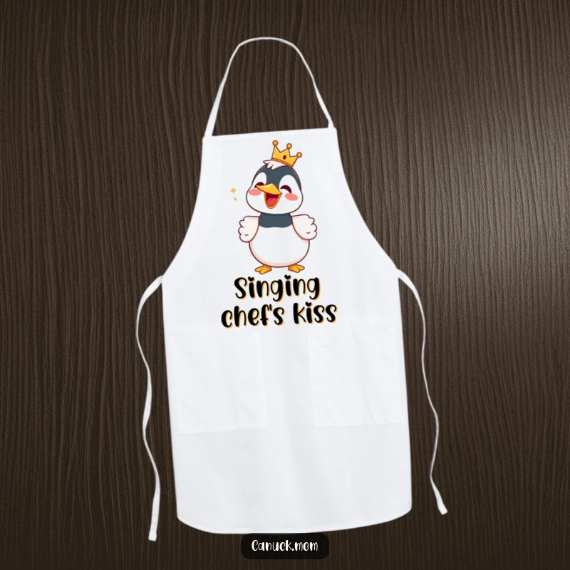 Funny Loon Apron with a small crown, captured mid-song while cooking, adding humorous charm to the kitchen.