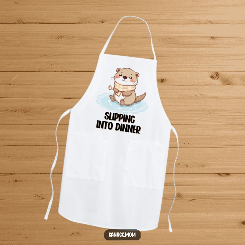 Funny Otter Scarf Apron: A happy otter wearing a tiny scarf slides on a frozen puddle, ideal for kitchen fun.