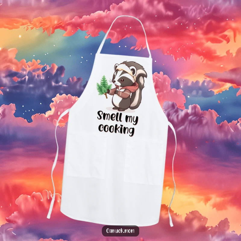 Funny Skunk Parka Apron, a kitchen apron showing a cartoon skunk in a winter coat, offering tiny pine trees, practical and funny.