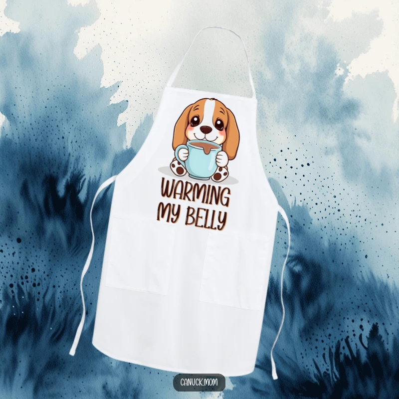 Funny Basset Hound with a hot chocolate mug, looking cozy, printed on a durable and humorous cooking apron.