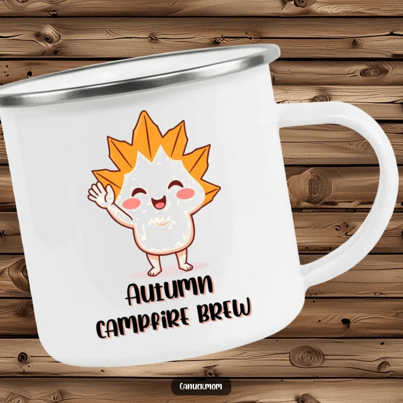 Funny Maple Leaf Wave Camping Mug: A sturdy mug with a cheerful maple leaf character waving hello in an outdoor setting.