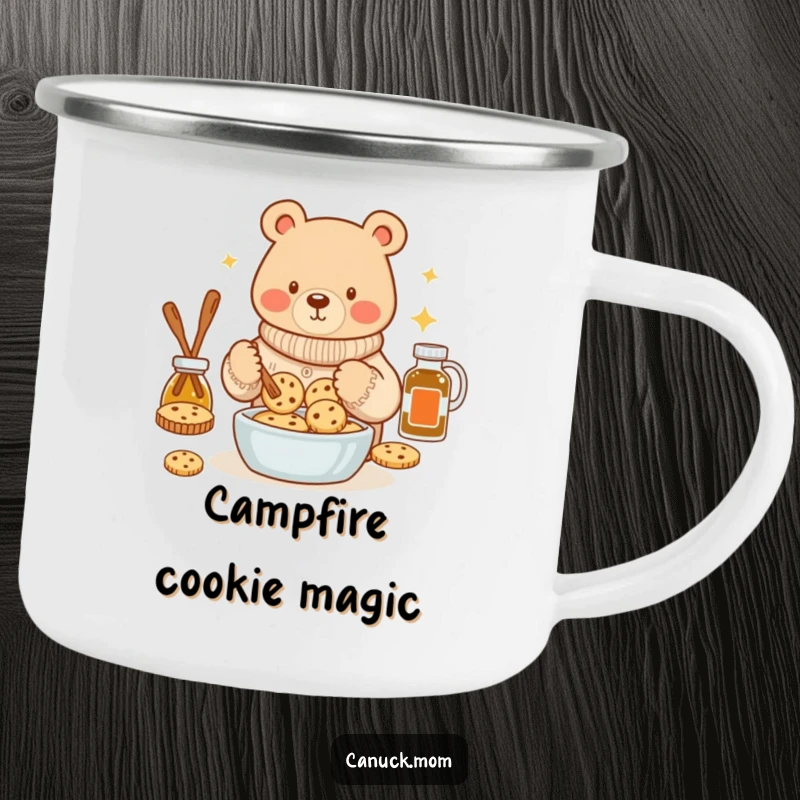 Funny bear wearing a cozy sweater, baking maple syrup cookies on a camping mug, bringing warmth to outdoor adventures.