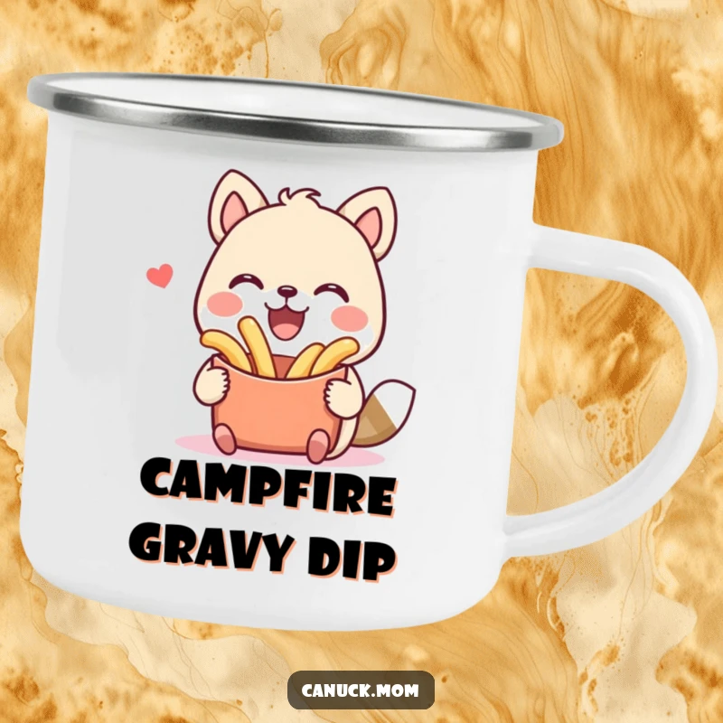 Funny camping mug with a smiling animal character joyfully holding a poutine during an outdoor adventure. Humorous gift for campers.
