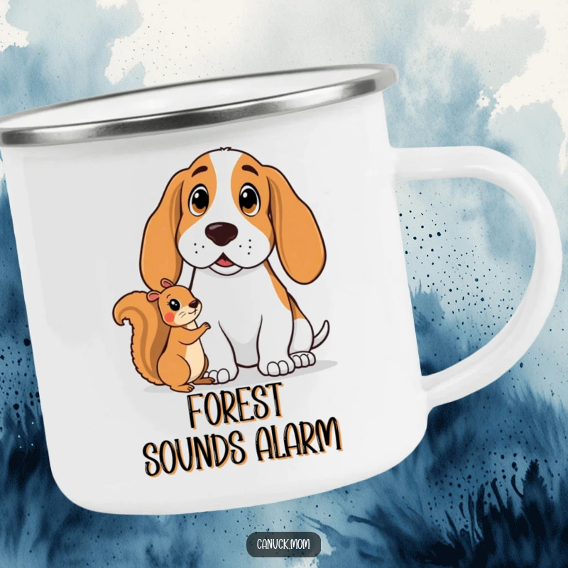 Funny Basset Hound Camping Mug: A surprised hound encounters a squirrel, perfect for campfire tales.