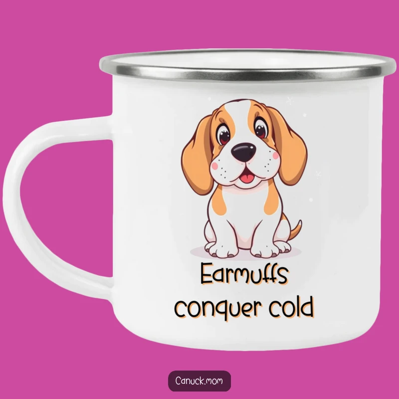 Funny Basset Hound Camping Mug: Amused by Snowflakes - Winter Outdoor Sip