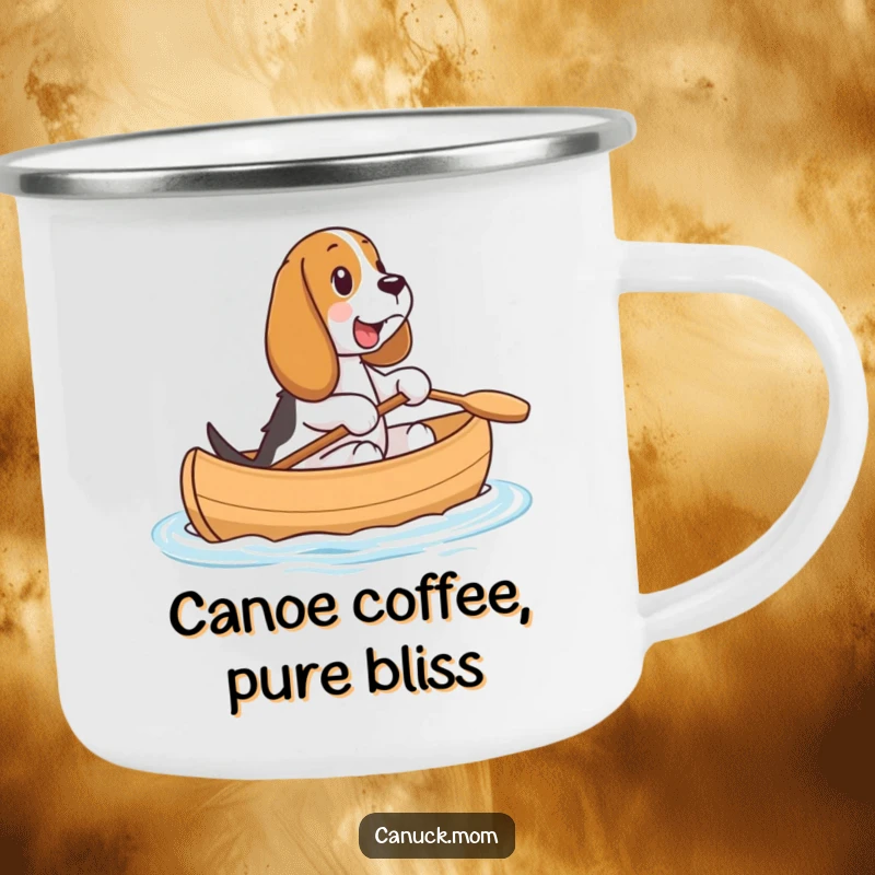 Funny Basset Hound Canoe Camping Mug: A happy Basset Hound rides in a small canoe, ready for any outdoor journey.