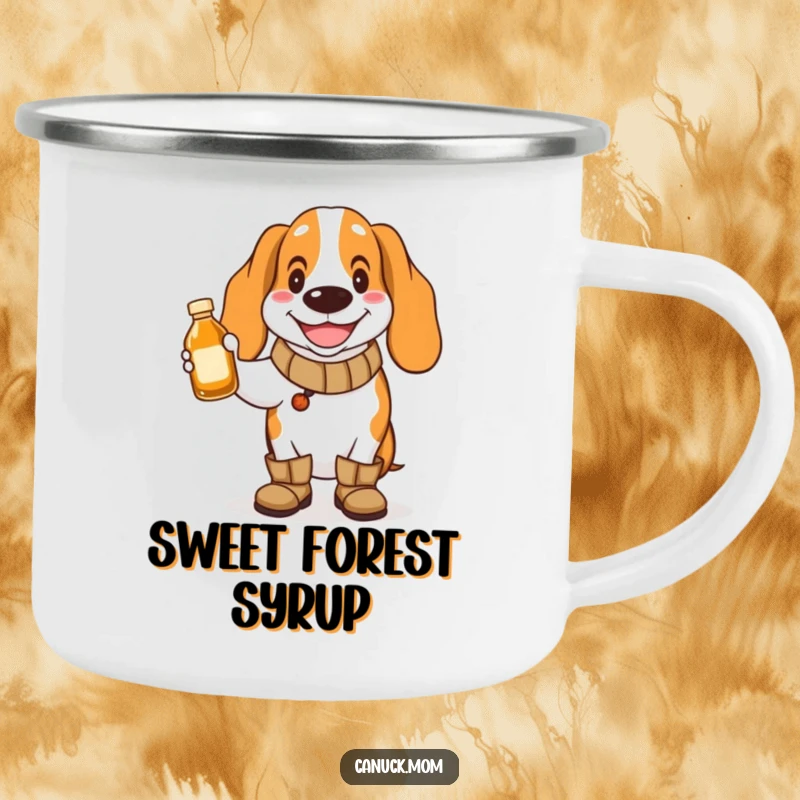 Funny Basset Hound Camping Mug: A happy dog wearing boots holds maple syrup, ready for the outdoors.
