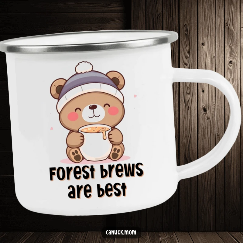 Funny camping mug with a bear in a toque, delightedly sipping hot cocoa, ideal for cozy outdoor moments.