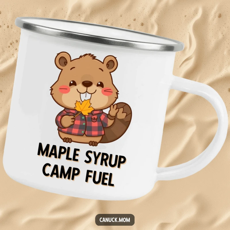 Funny beaver camping mug featuring a smiling beaver in a flannel shirt holding a tiny maple leaf, perfect for outdoor use.