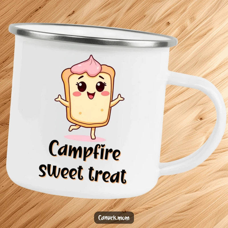 Funny Butter Tart Camping Mug with a cheerful, dancing tart character, perfect for outdoor enjoyment and a funny gift.