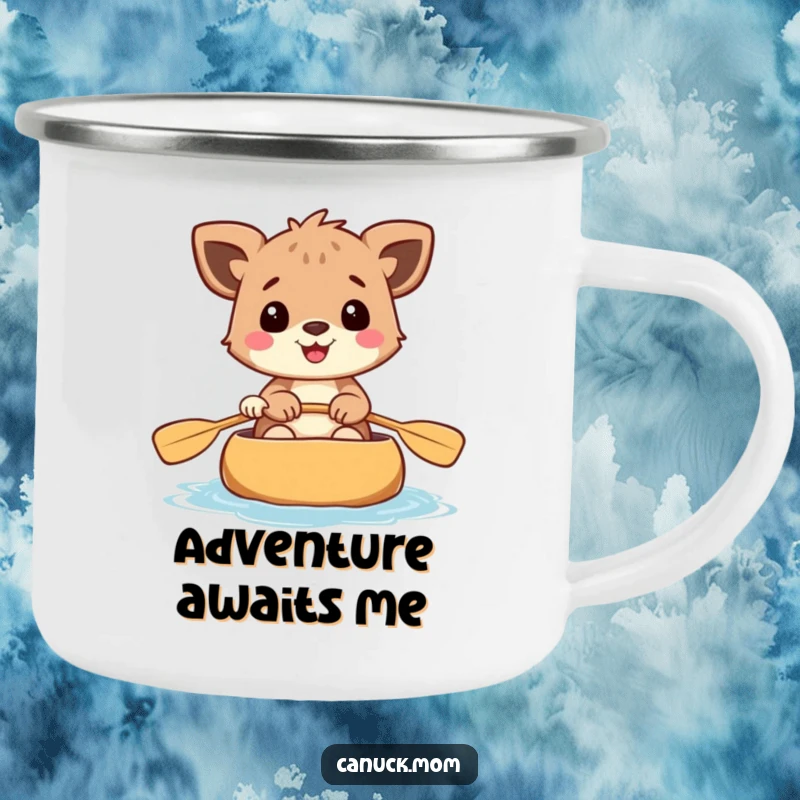 Funny camping mug showing a cheerful animal paddling a canoe, ready for outdoor adventures.
