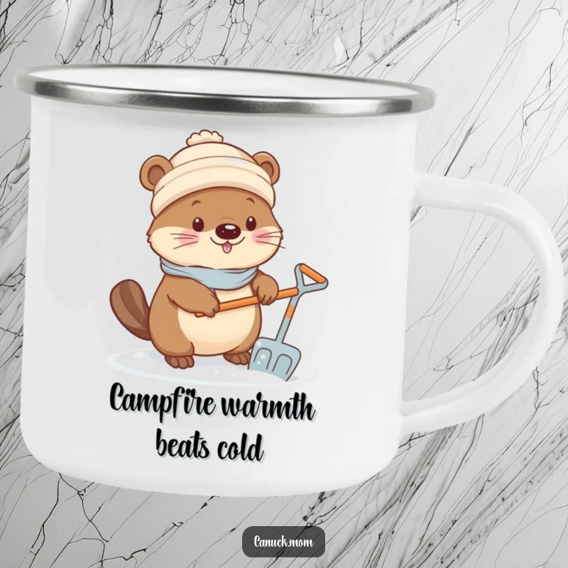 Funny Kawaii Beaver Camping Mug: A cute beaver in a toque shoveling snow with a tiny shovel, ready for camping.