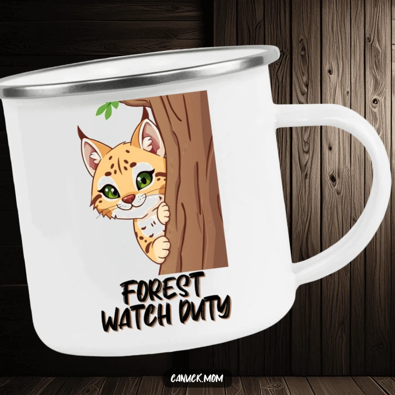 Funny Lynx Camping Mug featuring a smiling lynx peeking curiously from behind a tree, perfect for humorous outdoors.