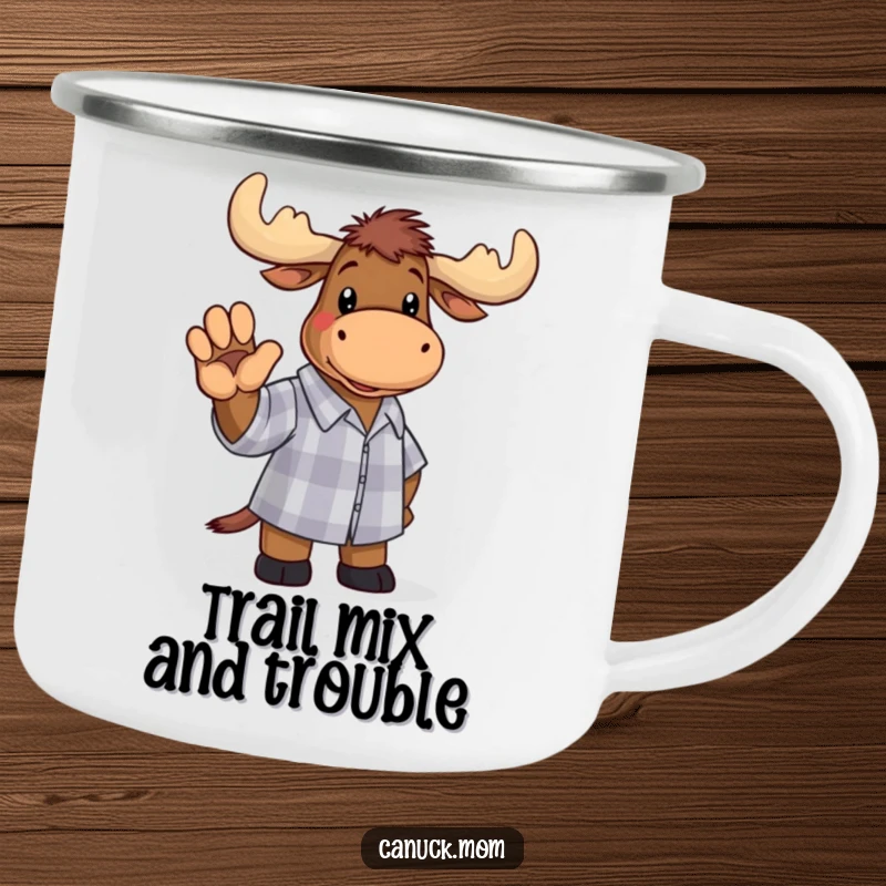 Funny moose wearing a checkered shirt, waving a paw on a durable camping mug, bringing woodland humor to the great outdoors.