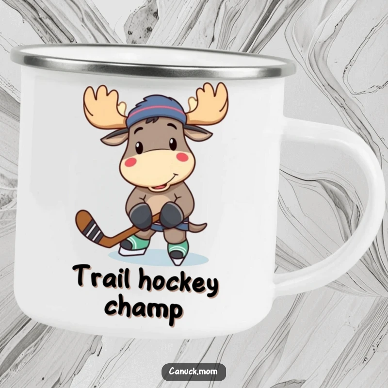 Funny moose illustration on a durable camping mug, hockey stick in hand, ready for outdoor fun.