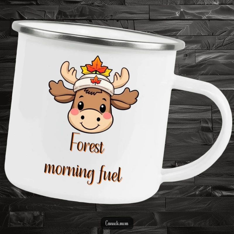 Funny Moose Camping Mug, smiling character with a tiny maple leaf hat, ready for outdoor humor.