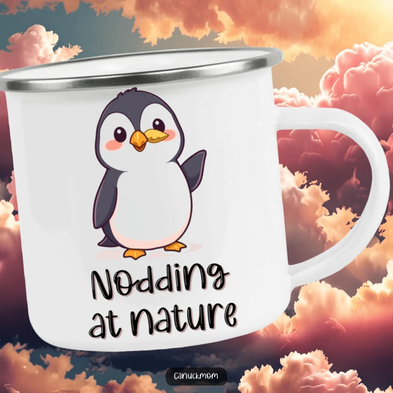 Funny puffin camping mug featuring a polite bird wearing a small feather and giving a friendly nod, perfect for humorous outdoor enjoyment.